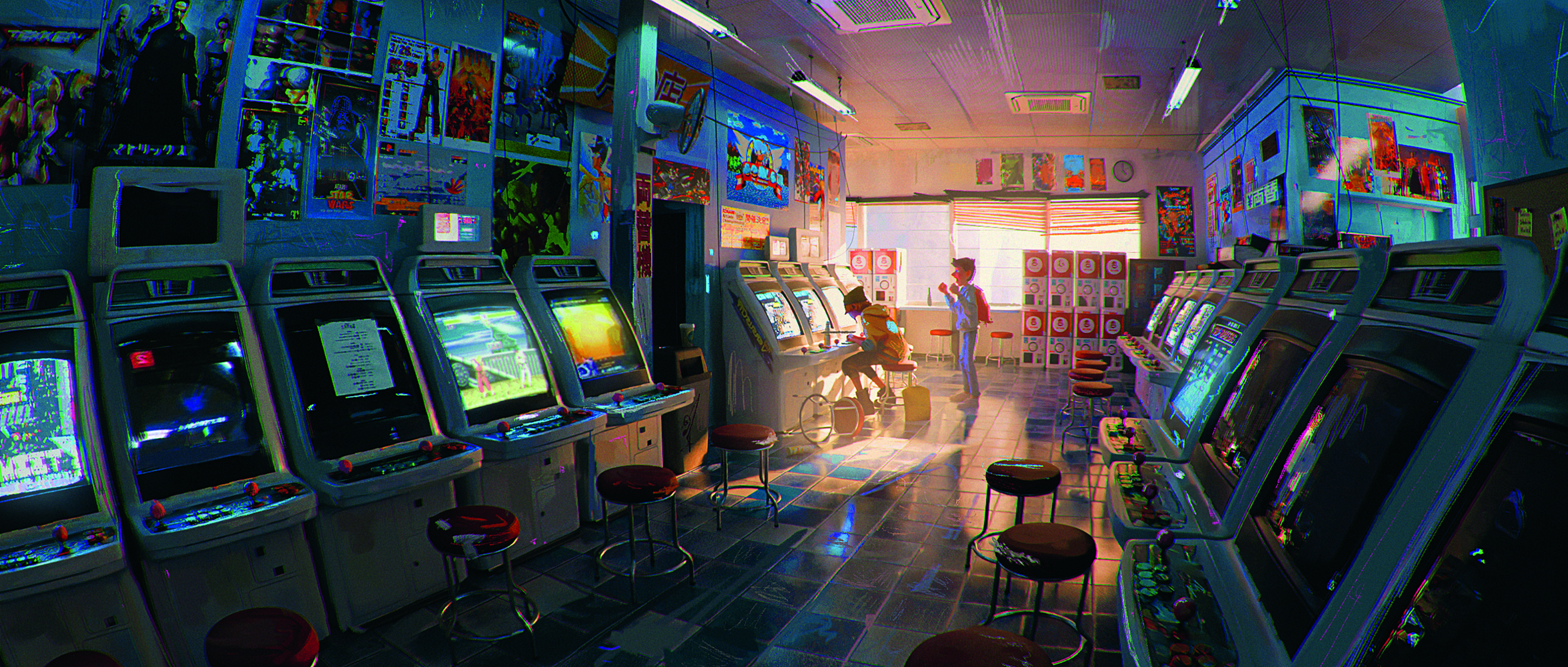 Concept art showing a retro gaming arcade made by Concept Art Awards winner JDR