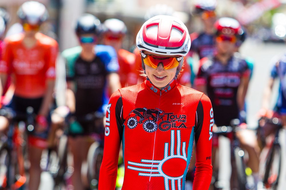 Katie Hall in the red leader's jersey before the start of stage 4 at Tour of the Gila.