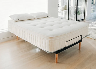 A mattress on a bed frame in a bright room