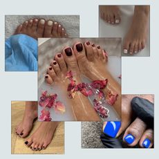 Photo collage of on-trend pedicure colors for 2026