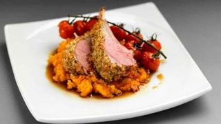 rack of lamb on sweet potato with tomatoes