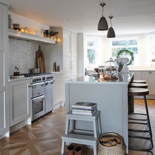 white kitchen with island unit and stools
