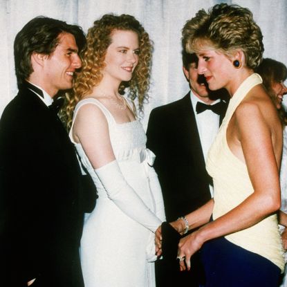 Princess Diana talking to Tom Cruise and Nicole Kidman at a movie premiere