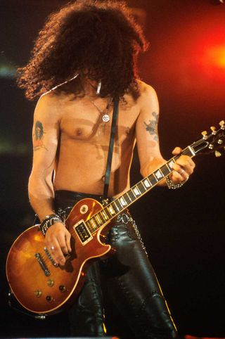 Slash of Guns'n'Roses performs on stage at the Freddie Mercury Tribute Concert, Wembley Stadium, London, 20th April 1992