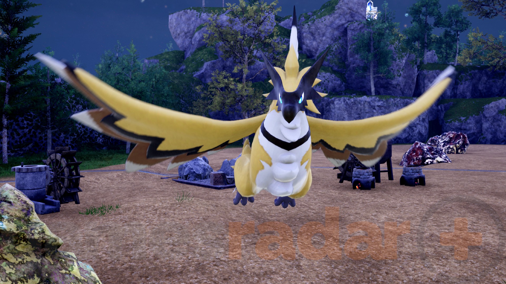 A Beakon, one of the best mid-game Palworld Flying Mounts, flies around a player's base.