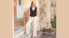 Fashion columnist Alyson Walsh wears a black tailored waistcoat and sandy coloured trousers