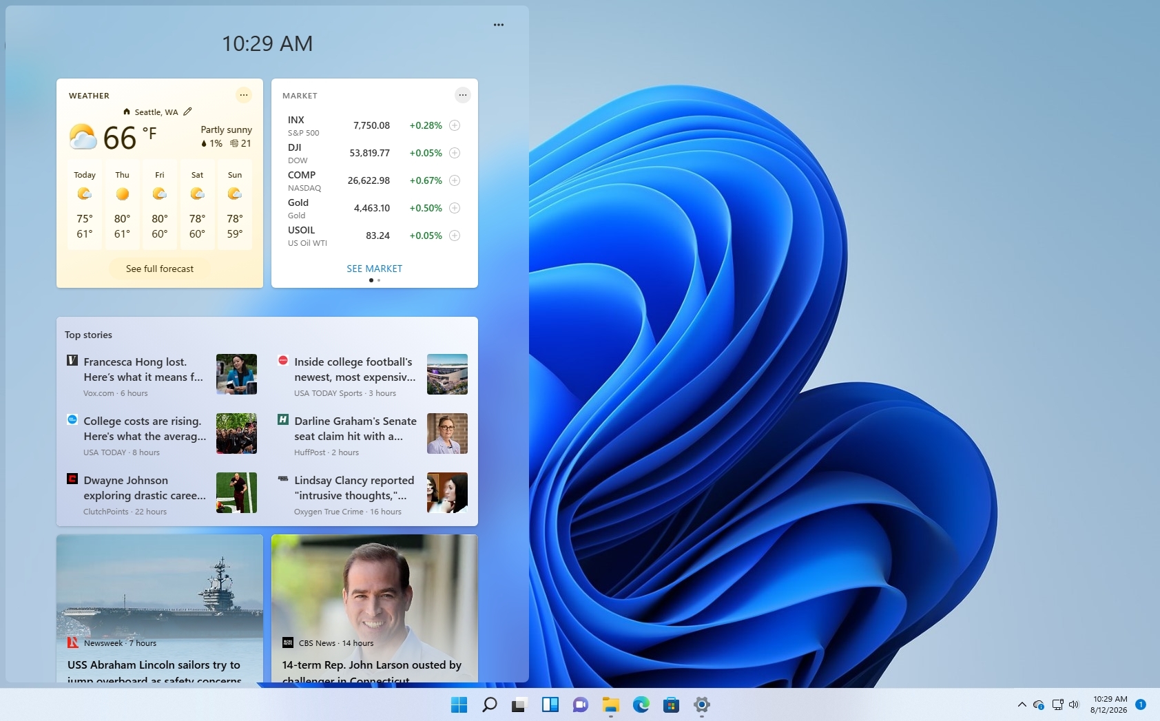 Windows 11 default desktop with the Widgets dashboard opened.