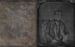 The tarnished daguerreotype of the man (left) next to his newly revealed portrait.