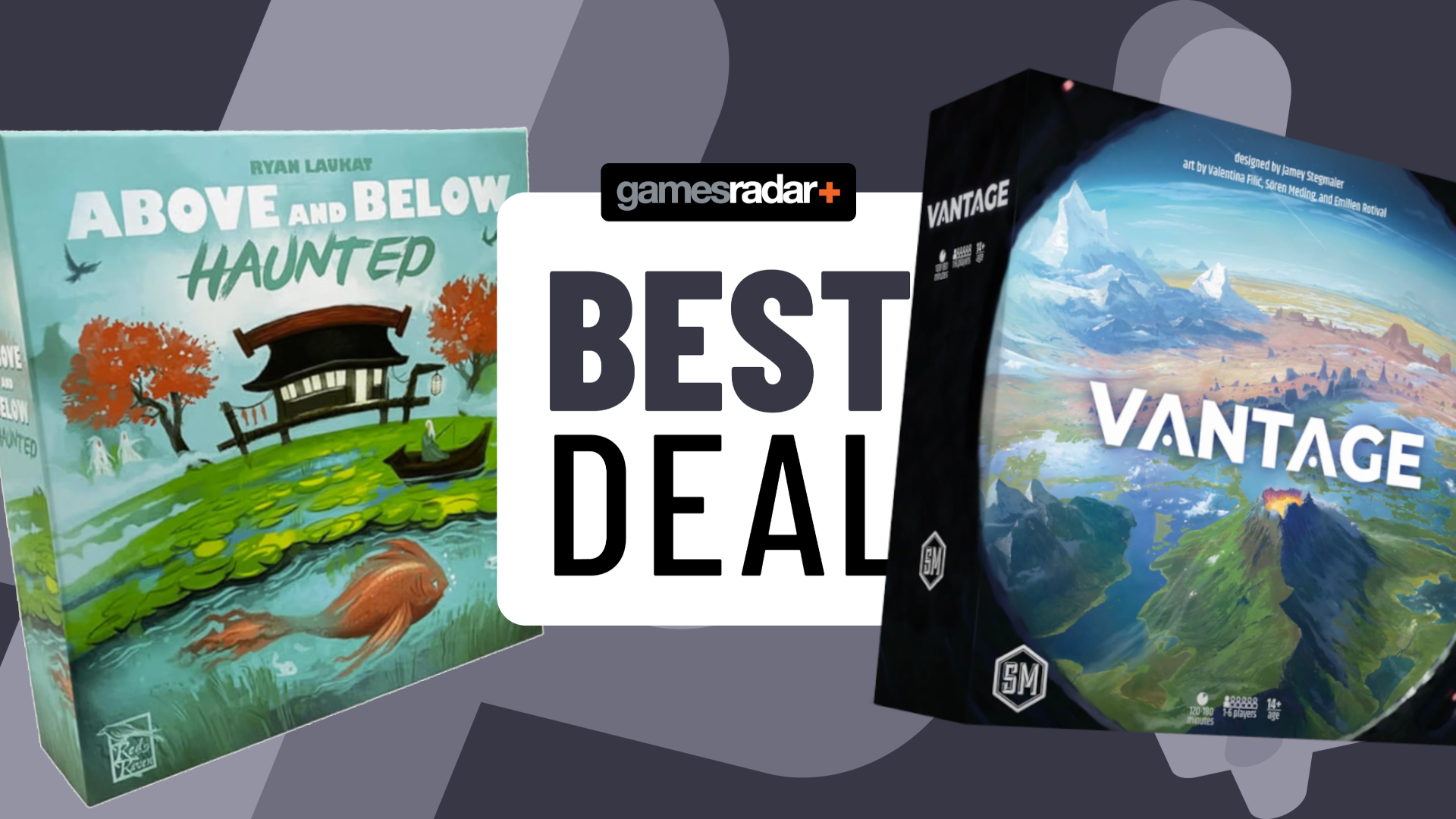 Above and Below: Haunted and Vantage boxes on either side of a GamesRadar+ 'best deal' badge, all against a gray background with crosses