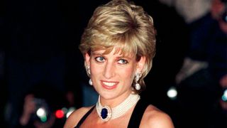 Diana, Princess Of Wales, Attending A Gala Evening In Aid Of Cancer Research At Bridgewater House In London. The Princess Is Wearing Diamond and pearl-drop earrings and A Dress Designed By Fashion Designer Jacques Azagury