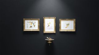 Illustrations of Manolo Blahnik shoes are framed and hung on a black wall. There is a shoe in yellow displayed below the illustrations.