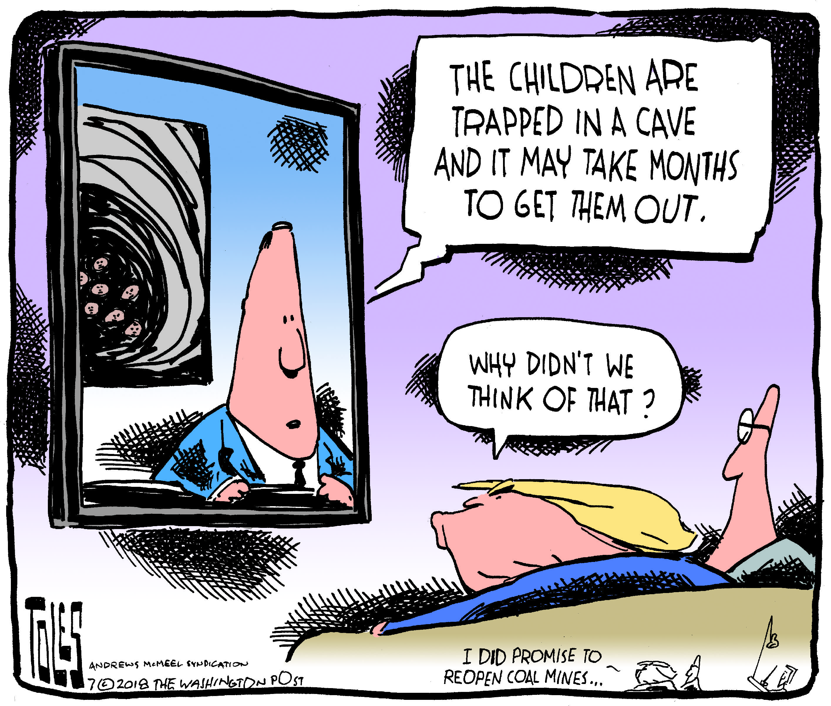 Political cartoon U.S. Trump cave Thailand children soccer team immigration family separation