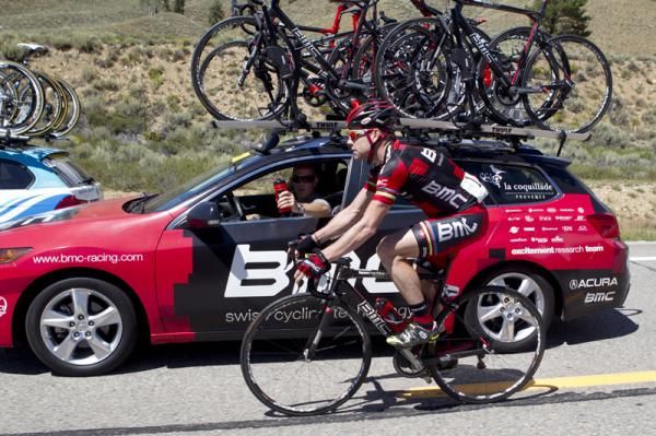 Cadel Evans (BMC) takes a moment to go back to the car