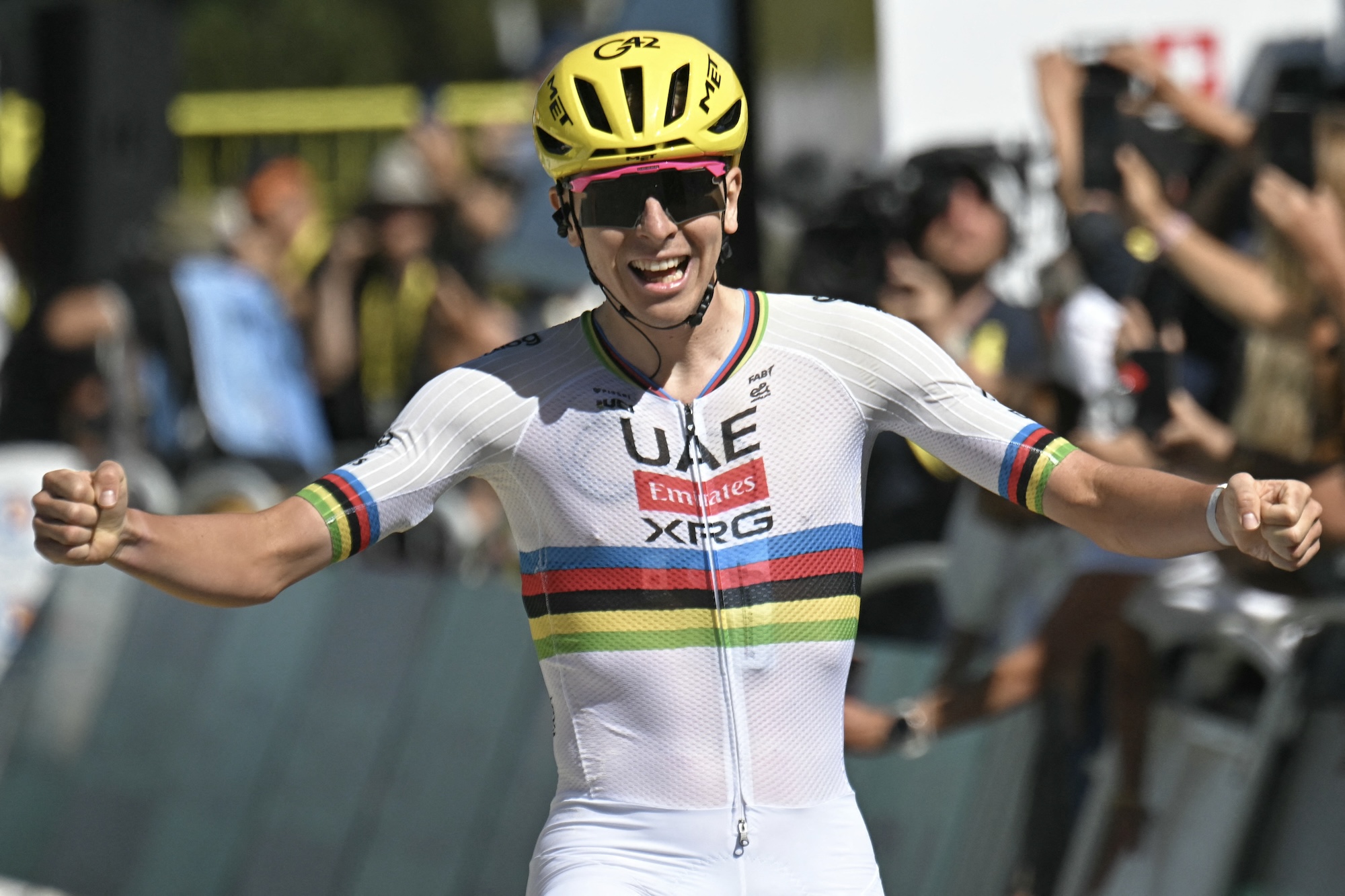 UAE Team Emirates - XRG's Slovenian rider Tadej Pogacar cycles to the finish line to win the 3rd stage of the 113th edition of the Tour de France cycling race, 196 km between Granollers and Les Angles in southern France, on July 6, 2026. (Photo by Loic VENANCE / AFP)
