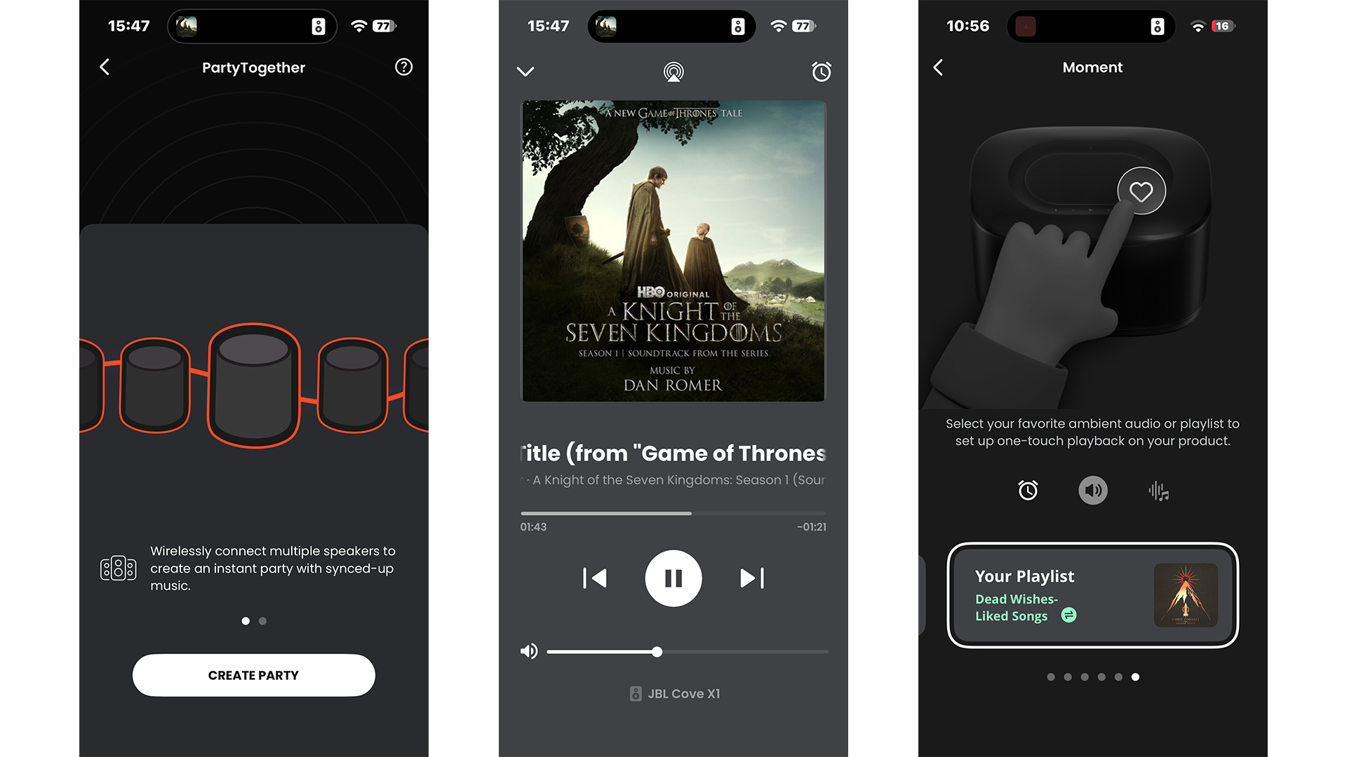 JBL Cove X1 multi-room wireless speaker app on three smartphone screens