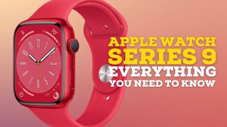 Apple Watch Series 9 in red next to text displaying 'Apple Watch Series 9 Everything You Need to Know'.