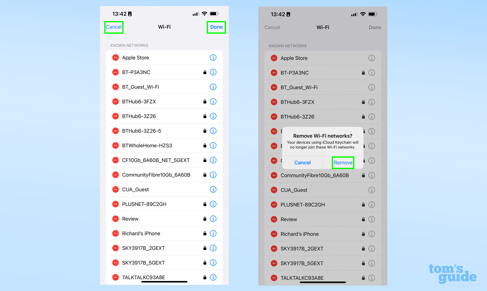 Два скриншота меню настроек iOS 16, показывающие, как отменить или подтвердить удаление запомненных сетей Wi-Fi.