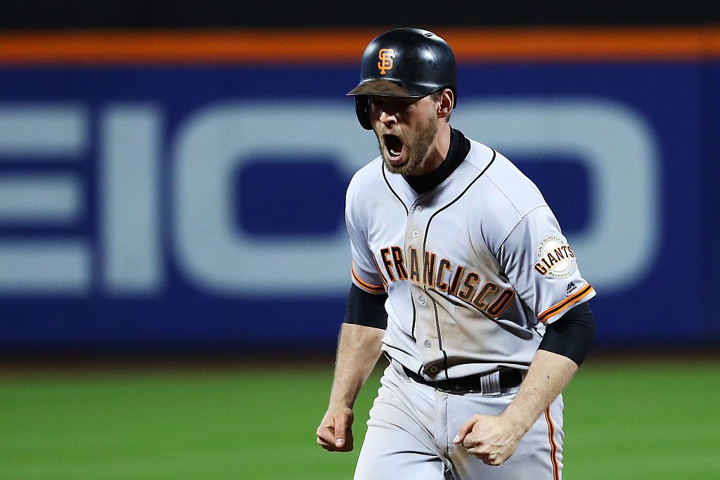 Conor Gillaspie celebrates Giants win in NL wild-card series