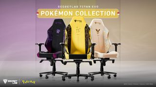 A marketing image showing the three Pokemon Secretlab Titan Evo editions 