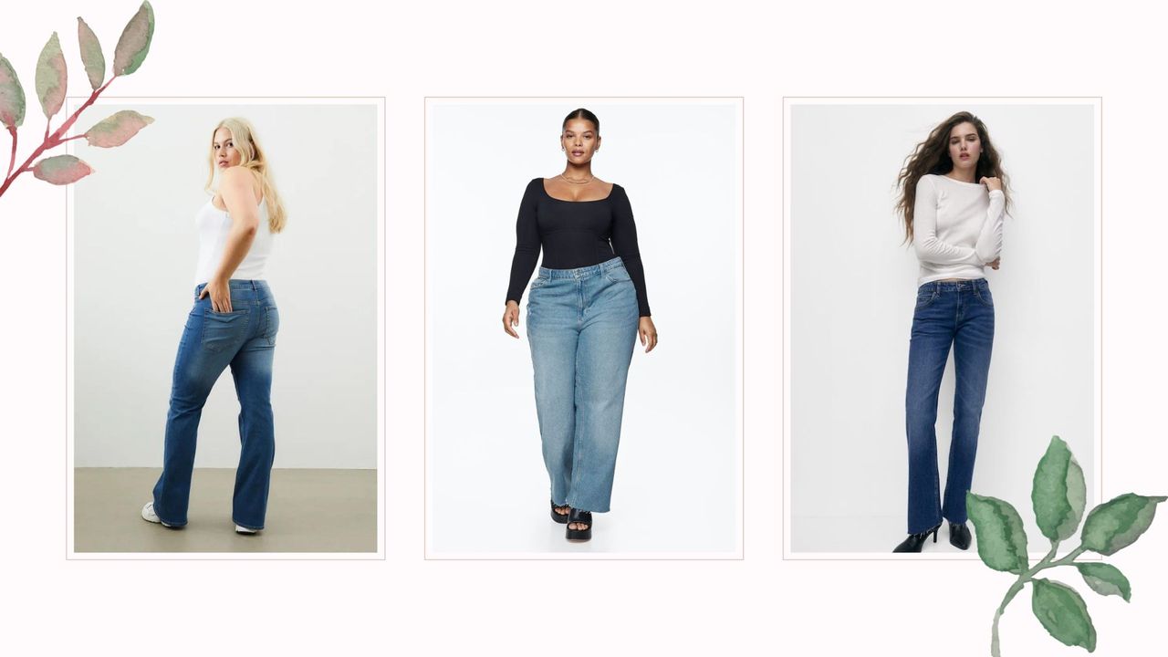 composite of three models wearing the best affordable jeans from H&amp;M, Pull&amp;Bear against a pink spring background