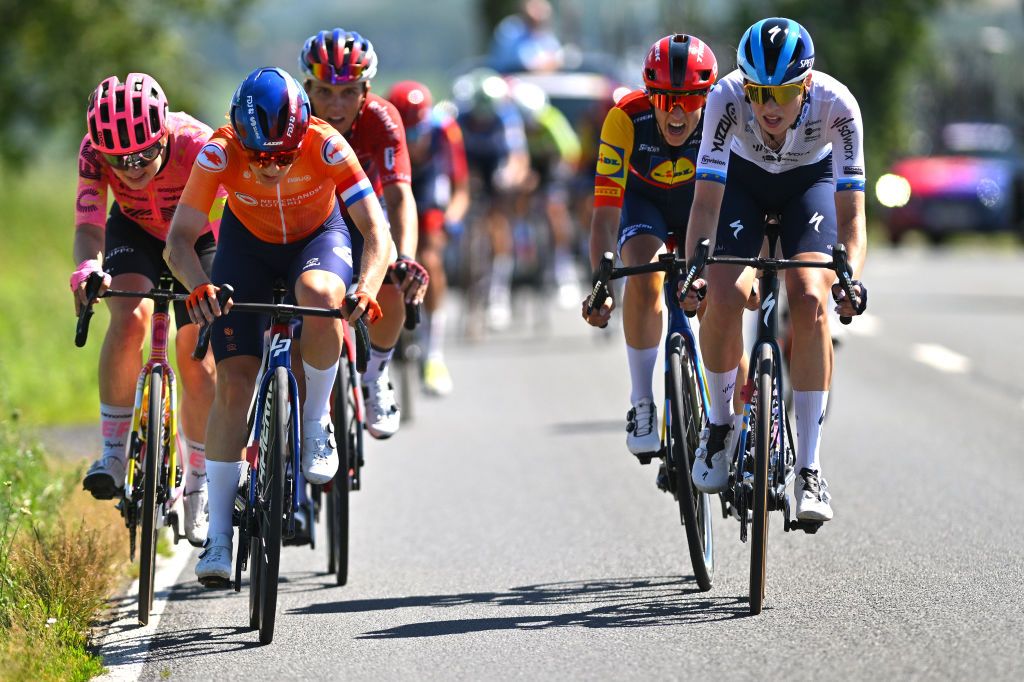MUHLHAUSEN GERMANY JUNE 28 LR Letizia Borghesi of Italy and Team EF EducationCannondale Amber Kraak of The Netherlands and Team Netherlands Lucinda Brand of The Netherlands and Team LidlTrek and Mischa Bredewold of The Netherlands and Team SD WorxProtime compete in the breakaway during the 36th Internationale LOTTO Thringen Ladies Tour 2024 Stage 4 a 1114km stage from Muhlhausen to Muhlhausen on June 28 2024 in Muhlhausen Germany Photo by Luc ClaessenGetty Images