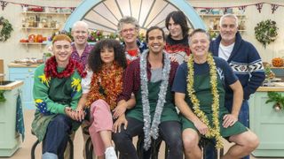 Paul, Pru, Matt and Noel with the cast of It's a Sin on The Great Christmas Bake Off