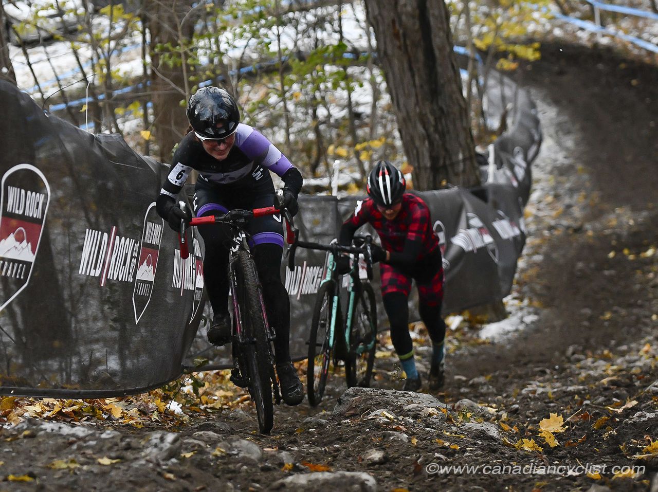 Sandra Walter (LIV Cycling Canada) leading Jenn Jackson (AWI Racing) on the run up