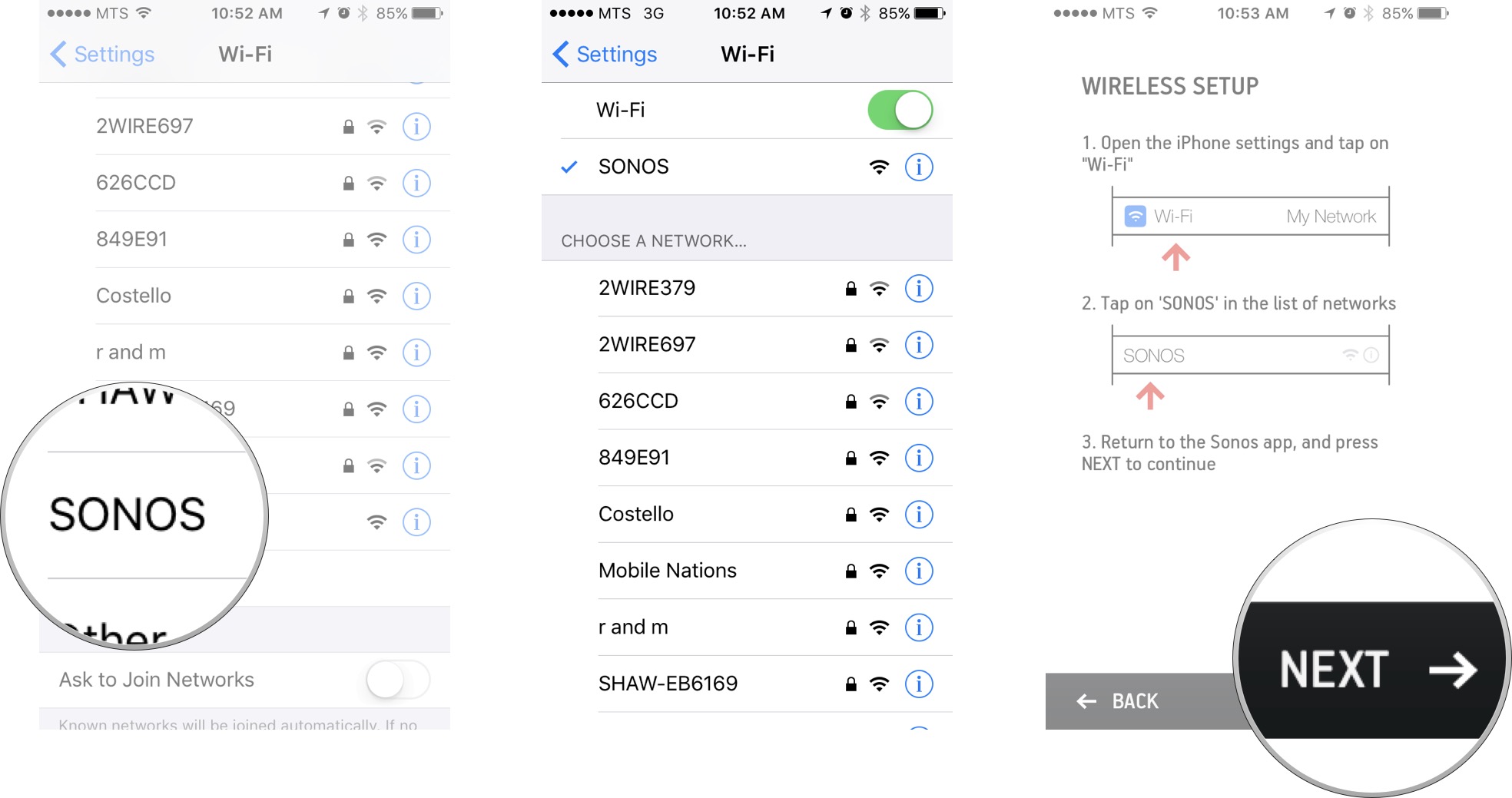 Tap on SONOS, wait for your phone to connect to the network, return to the Sonos Controller app, and then tap next.