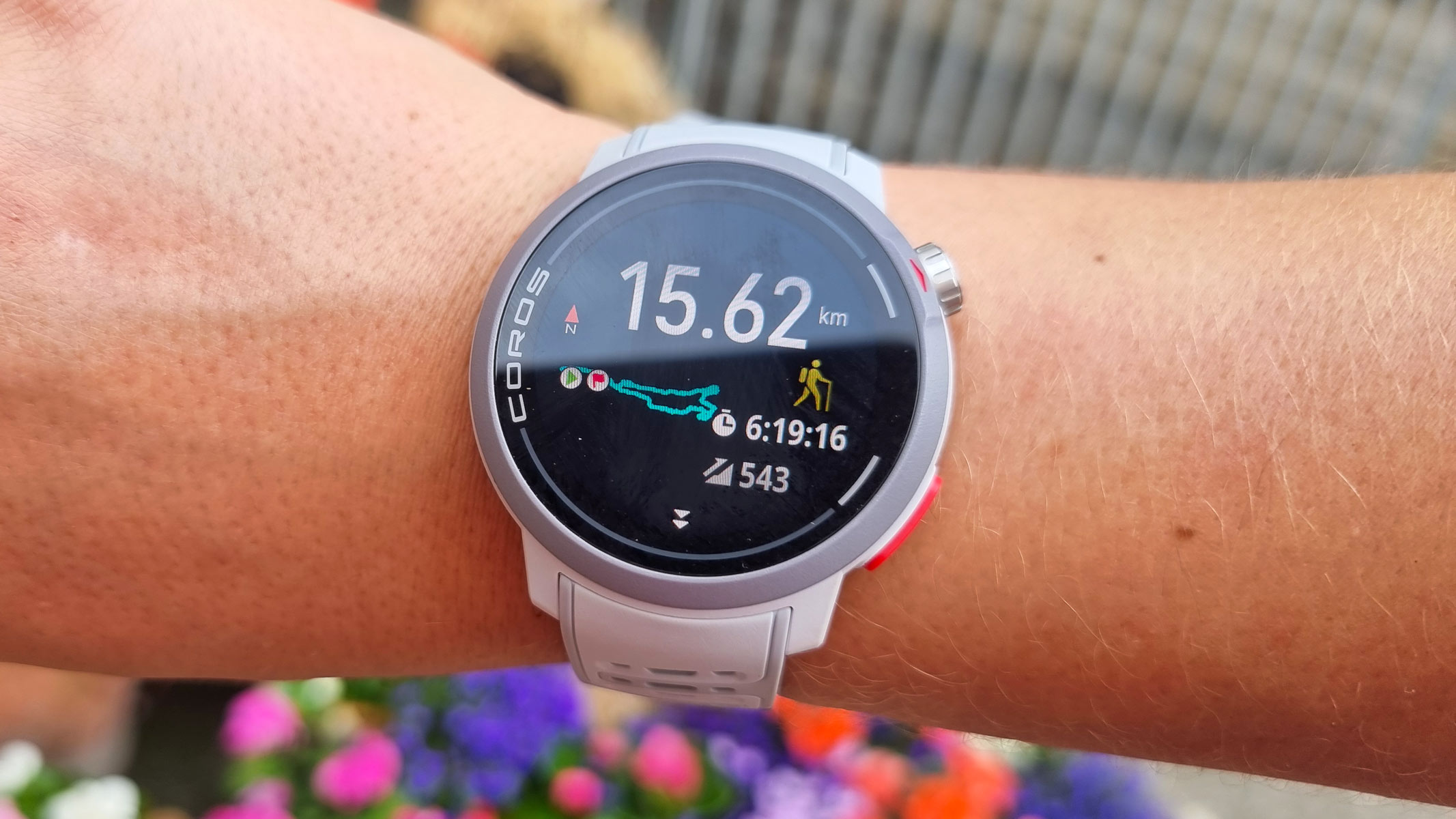 A close-up picture of the Coros Pace Pro watch displaying the hiking route done by our reviewer
