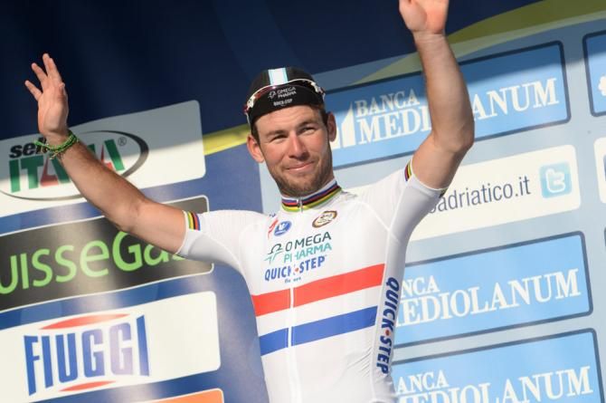 Mark Cavendish on the podium after winning stage 6 at Tirreno-Adriatico, the British champion's second win thus far in the 2014 season