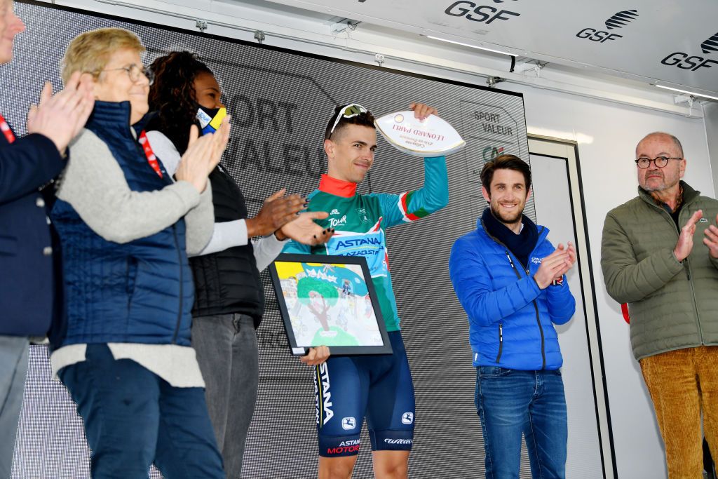 MANOSQUE FRANCE FEBRUARY 12 Samuele Battistella of Italy and Team Astana Qazaqstan celebrates winning the Green Best Young Rider Jersey on the podium ceremony after the 6th Tour de La Provence 2022 Stage 2 a 1806km stage from Arles to Manosque 417m TDLP22 on February 12 2022 in Manosque France Photo by Luc ClaessenGetty Images