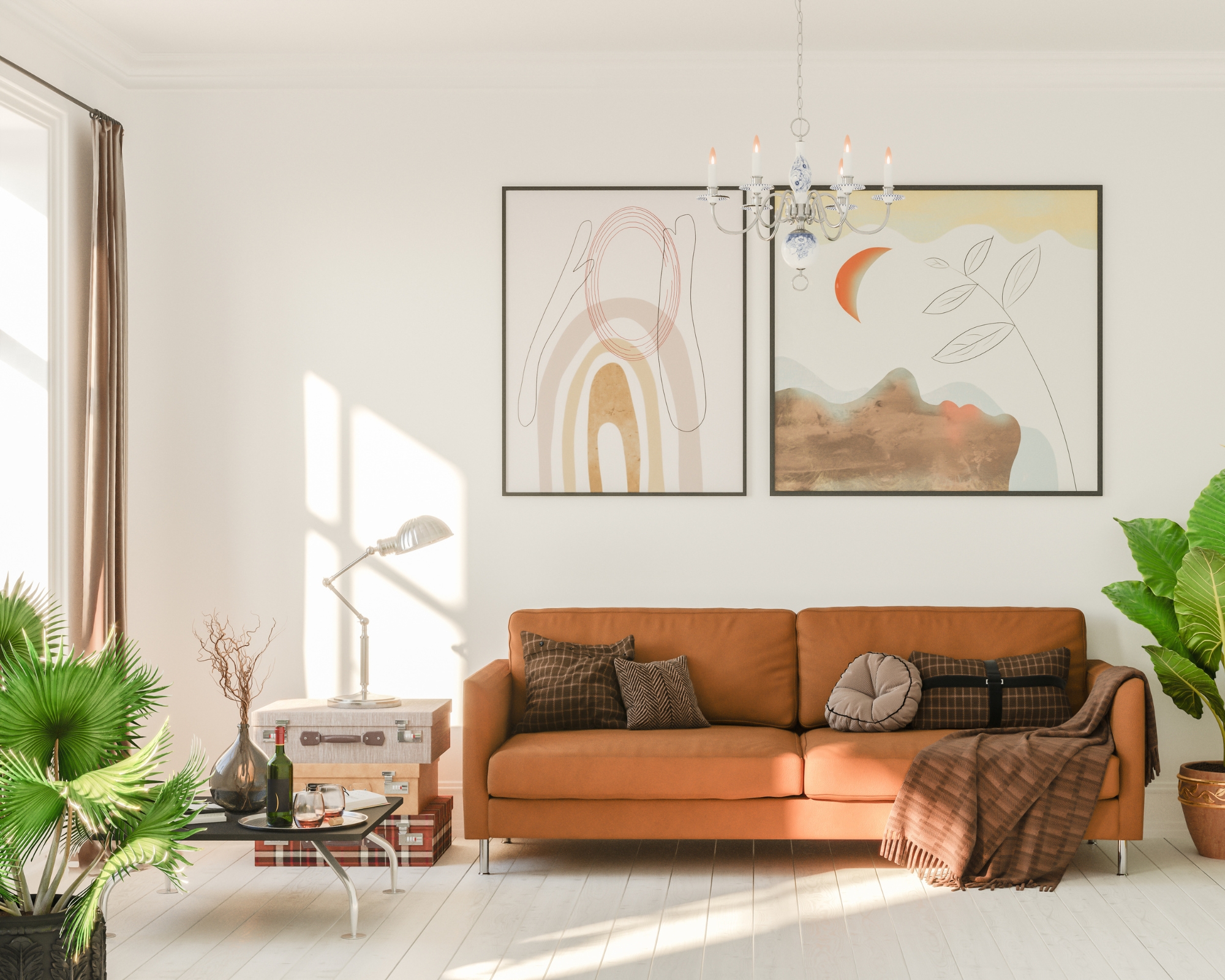Boho living room with deep orange couch and fancy paintings on the wall