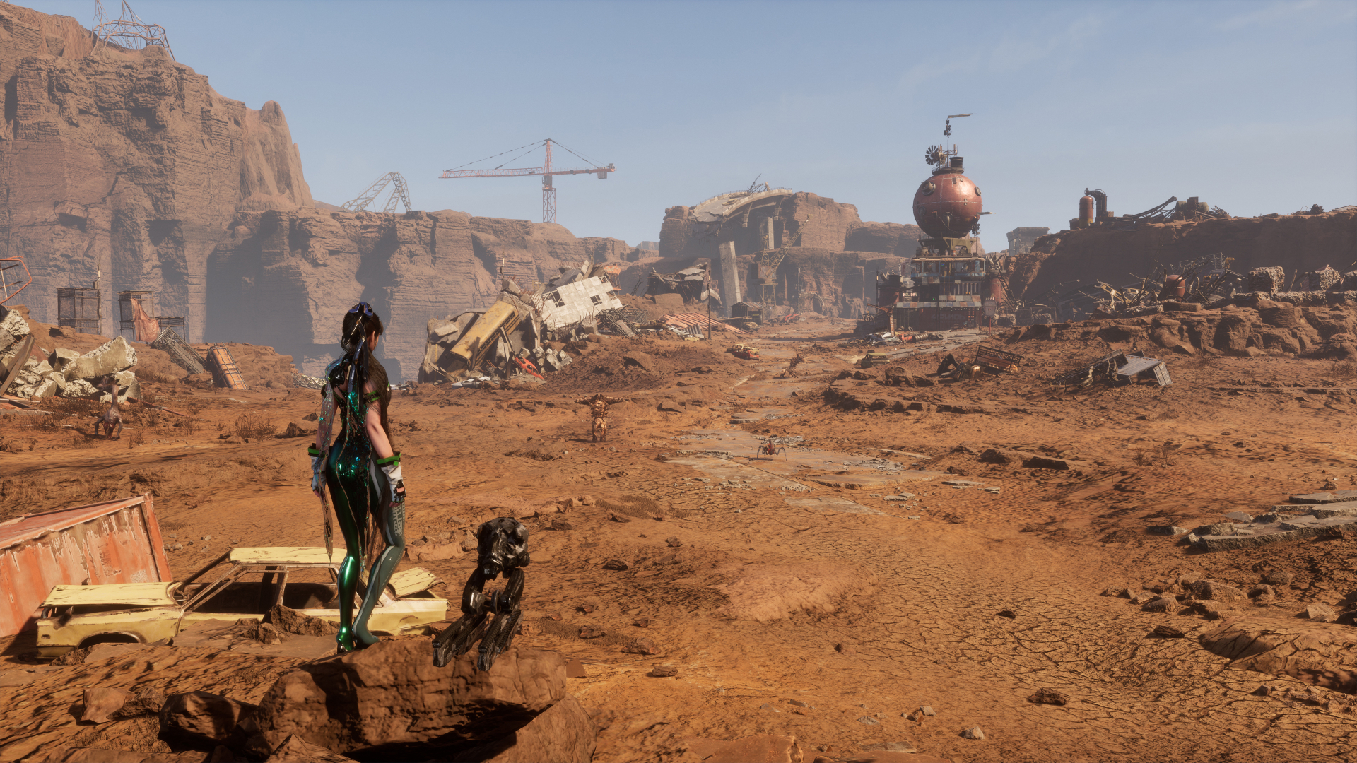 Stellar Blade: EVE and her drone look across the dangerous wasteland