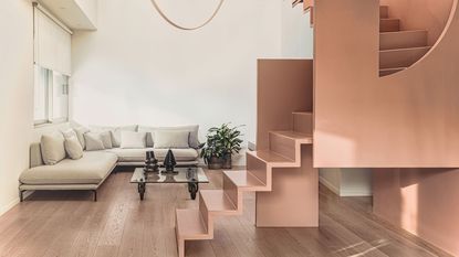 Athens house D interior with peach coloured stairs