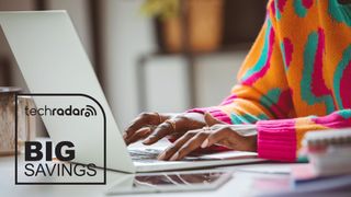 A close up of a woman's hands typing on a laptop with a badge that says Big Savings at the bottom right.