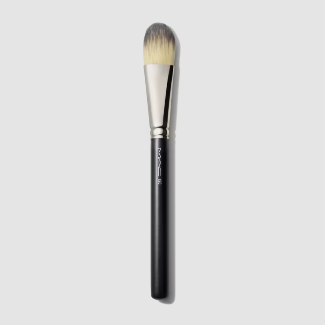 A product shot of the MAC 190S Foundation Brush, on a grey background