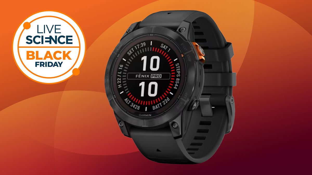 Garmin Fenix 7 Pro Solar on an orange background with a live science black friday icon