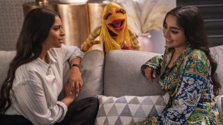 Lilly Singh and Saara Chaudry with Janice in The Muppets Mayhem