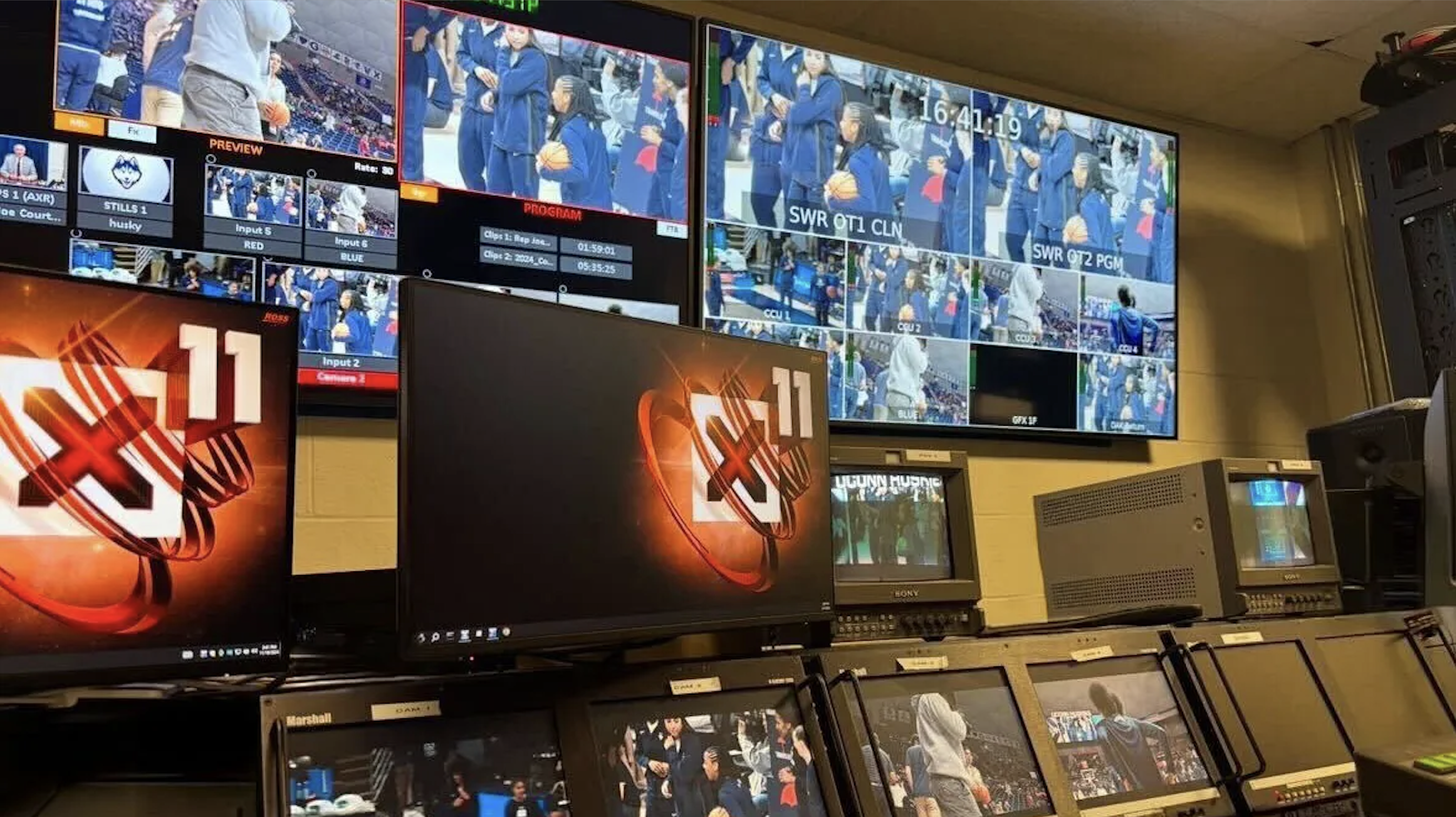 The control room was outfitted with two larger ElationLogic DV65 monitors, a Ross Ultrix router, Ross XPression motion graphics render engine, an Evertz DreamCatcher DC-ONE replay platform, and a master clock for AV synchronization.