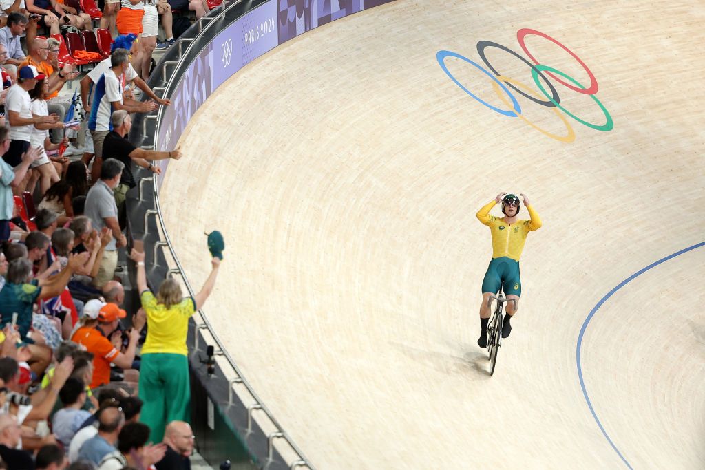 PARIS FRANCE AUGUST 06 Bronze medalist celebrates during the Mens Team Sprint Finals on day eleven of the Olympic Games Paris 2024 at SaintQuentinenYvelines Velodrome on August 06 2024 in Paris France Photo by Alex BroadwayGetty Images