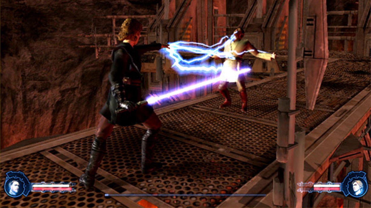 Captura de tela de The Star Wars: Episódio III-Vingança do videogame Sith Tie-in de 2005. Ele mostra Anakin Skywalker vestido de preto, usando o Force Lightning para eletrocutar Obi-Wan Kenobi.