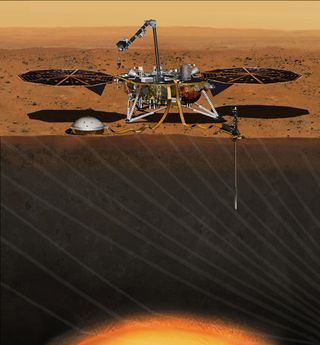 This artist's concept from August 2015 depicts NASA's InSight Mars lander fully deployed for studying the deep interior of the Red Planet. The lander is scheduled to launch in the spring of 2018. 