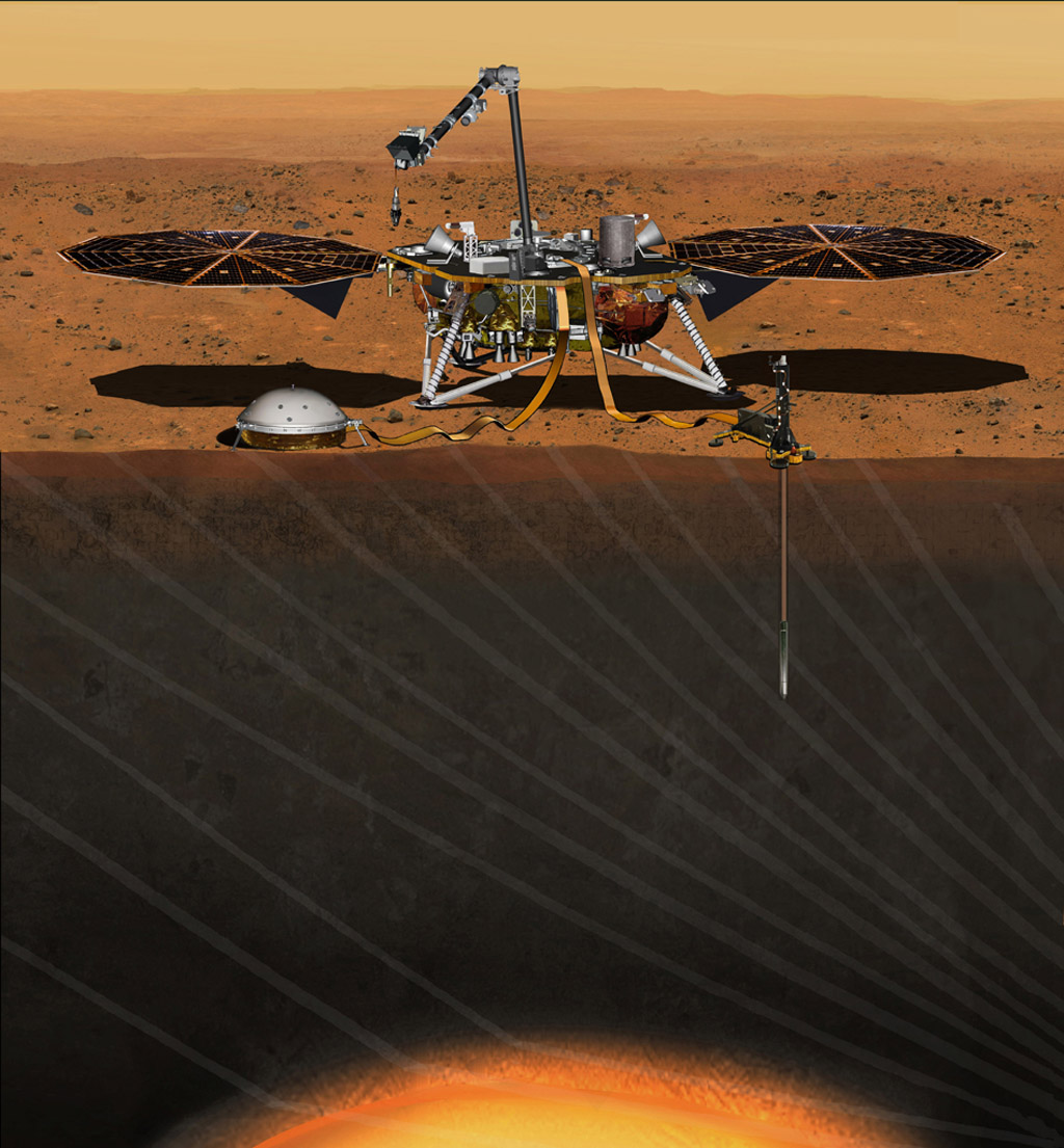 This artist&#039;s concept from August 2015 depicts NASA&#039;s InSight Mars lander fully deployed for studying the deep interior of the Red Planet. The lander is scheduled to launch in the spring of 2018. 