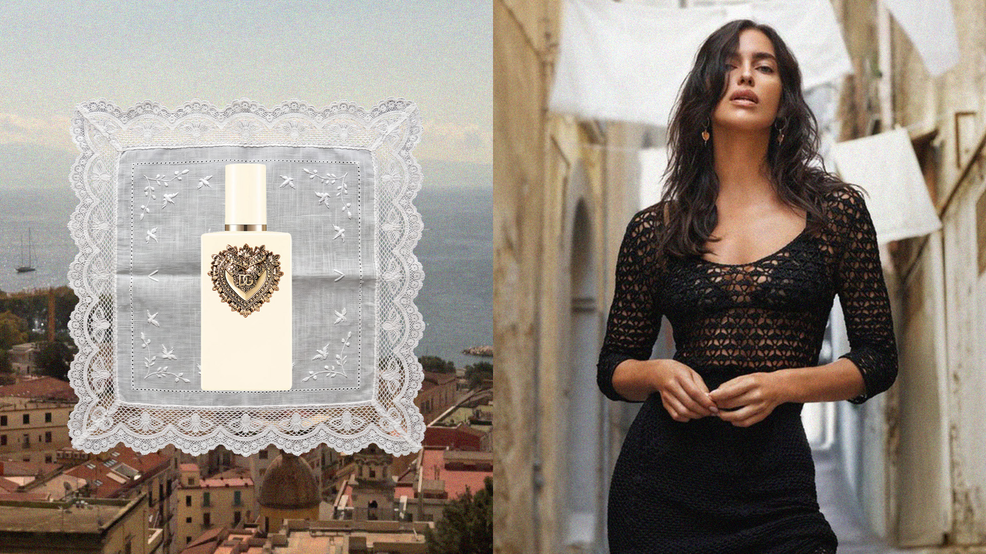 Collage of supermodel Irina Shayk in Naples, Italy, and Dolce and Gabbana's new scent, Your Devotion Eau de Parfum Intense.