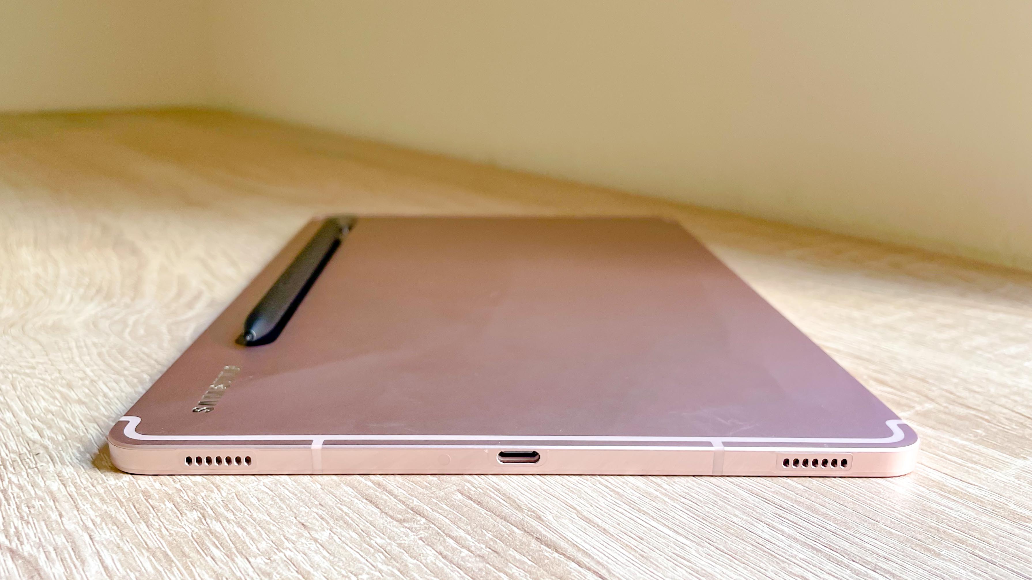 Samsung Galaxy Tab S8 laying flat on table showing USB-C port on bottom edge