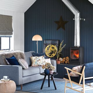 Living room with wood burner in front of blue panelled wall