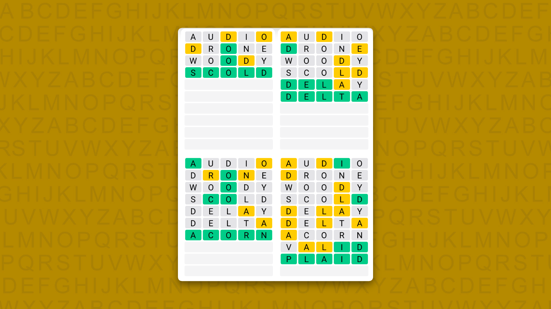 Quordle Daily Sequence answers for game 1739 on a yellow background