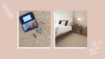 a composite image of a carpet stained with eyeshadow on the left, and beige carpet in a bedroom with bed and side table, on a beige/pink background.Used to illustrate an article on 'how to get makeup out of carpet'