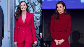 Composite of a picture of Queen Letizia wearing a full red outfit on two occasions in February 2025