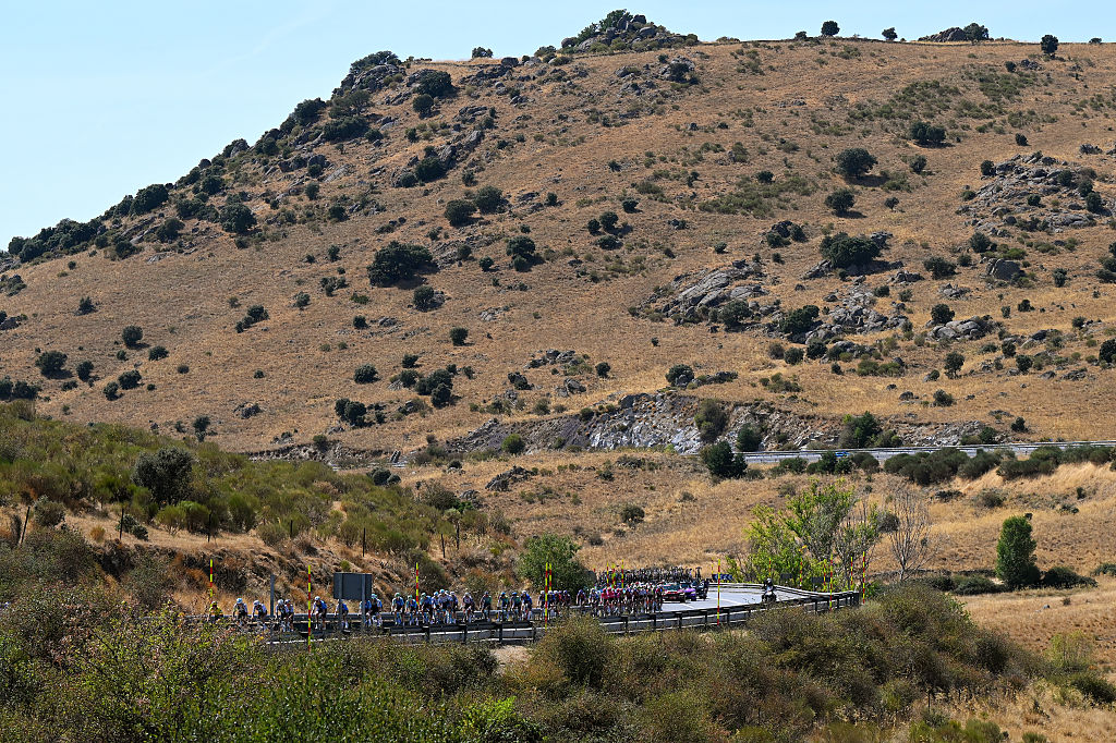 BOLA DEL MUNDO, SPAIN - SEPTEMBER 13: A general view of the peloton competing during the La Vuelta - 80th Tour of Spain 2025, Stage 20 a 164.8km stage from Robledo de Chavela to Bola del Mundo. Puerto de Navacerrada 2253m / #UCIWT / on September 13, 2025 in Bola del Mundo. Puerto de Navacerrada, Spain. (Photo by Tim de Waele/Getty Images)